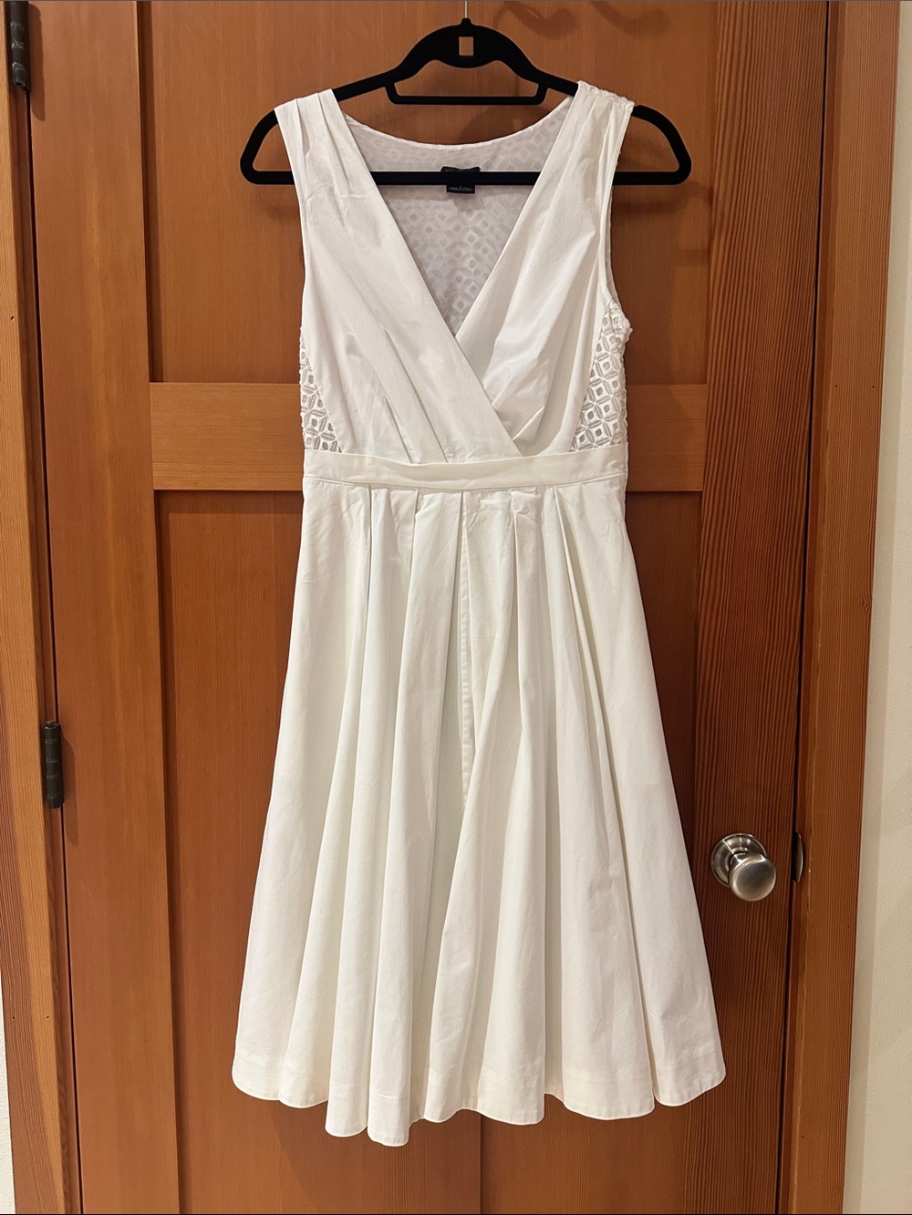 Sleeveless V-Neck Midi Dress with Lace Insets - White